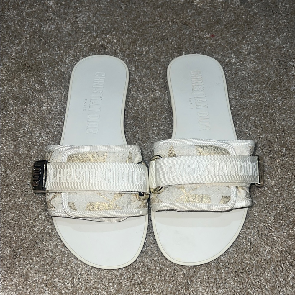 Dior White and Gold Embroidered Slides